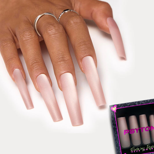 PSYTONE Matte Cat Eye Extra Long Square Press On Nails|15 Sizes - 30 Nail, Frosted Nude Pink Reusable Fake Nails Kit with Glue & Tools, Velvet Matt Finish for Women, Wedding, Daily Wear