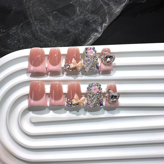 Duck Press on Nails Handmade 3D Luxury Colorful Rhinestones Fake Nails Designs Pink French Tip Bow False Nail Full Cover Short Stick on Nails Muti-Layer Gel Acrylic Nail for Women (Size S)