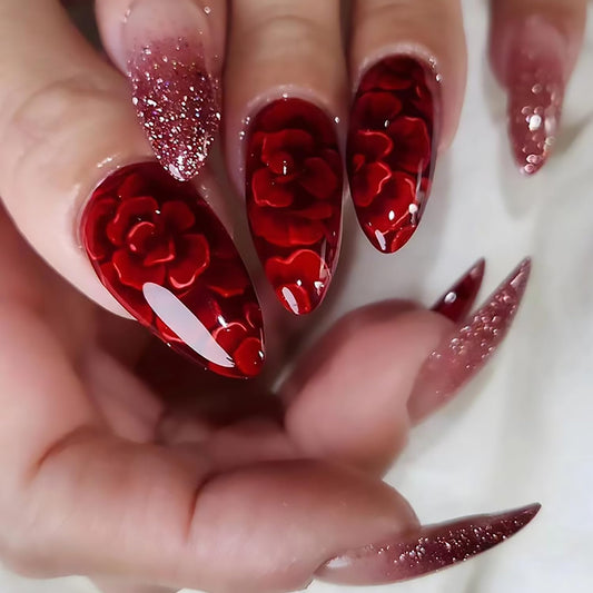 Tyuimhx Red Flower Press On Nails - Medium Almond Glitter False Nails, 24 Pcs