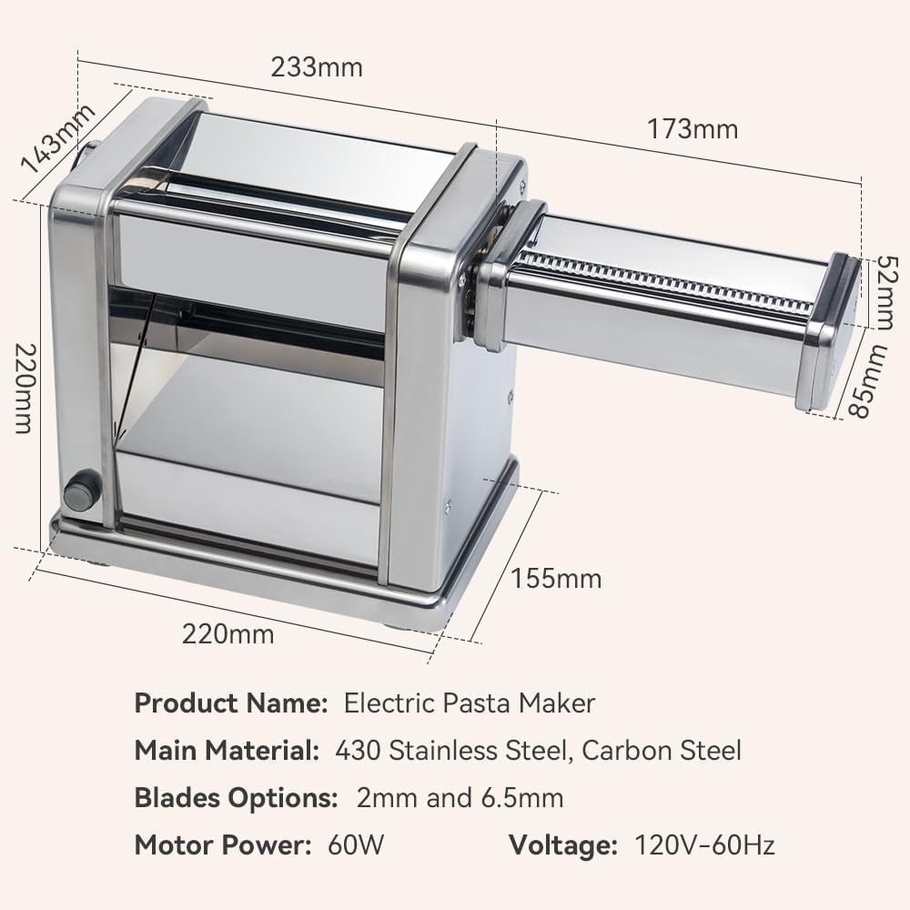 Maxceysen Electric Pasta Maker Stainless Steel Noodle Machine with Roller & Cutter Adjustable 7 Thickness & 2 Width for Spaghetti, Fettuccini, Lasagna, Pie Crust, Dumpling, Wonton