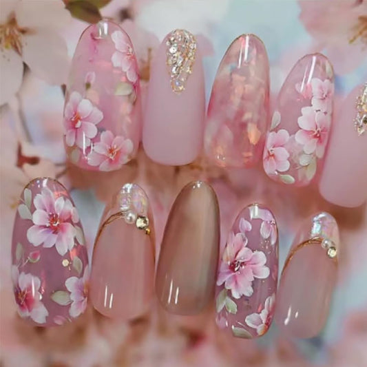 24Pcs Medium Almond Press on Nails Reusable Pink Acrylic False Nails Full Cover Glossy With Flowers Designs And Pearl Design Fake Fingernails Tips Almond Shape Artificial Fale Nail Kit Women Girls