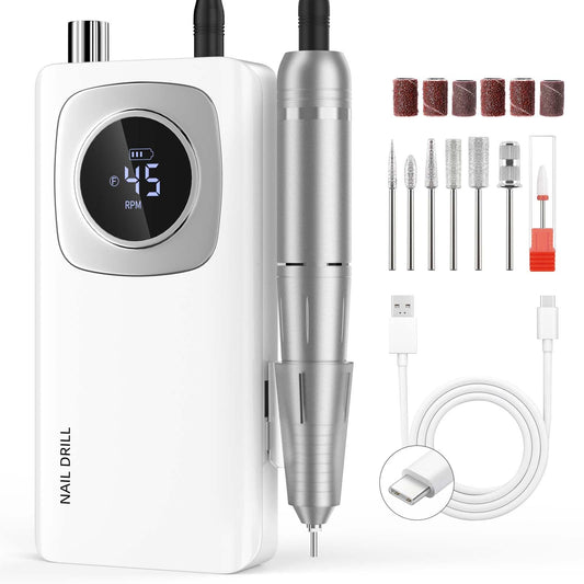 Electric Nail Drill Professional: Rechargeable Nail File with Bits for Acrylic Gel Nails, Professional Nail Drill Manicure Pedicure Polishing Shape Tools for Home Salon (White)