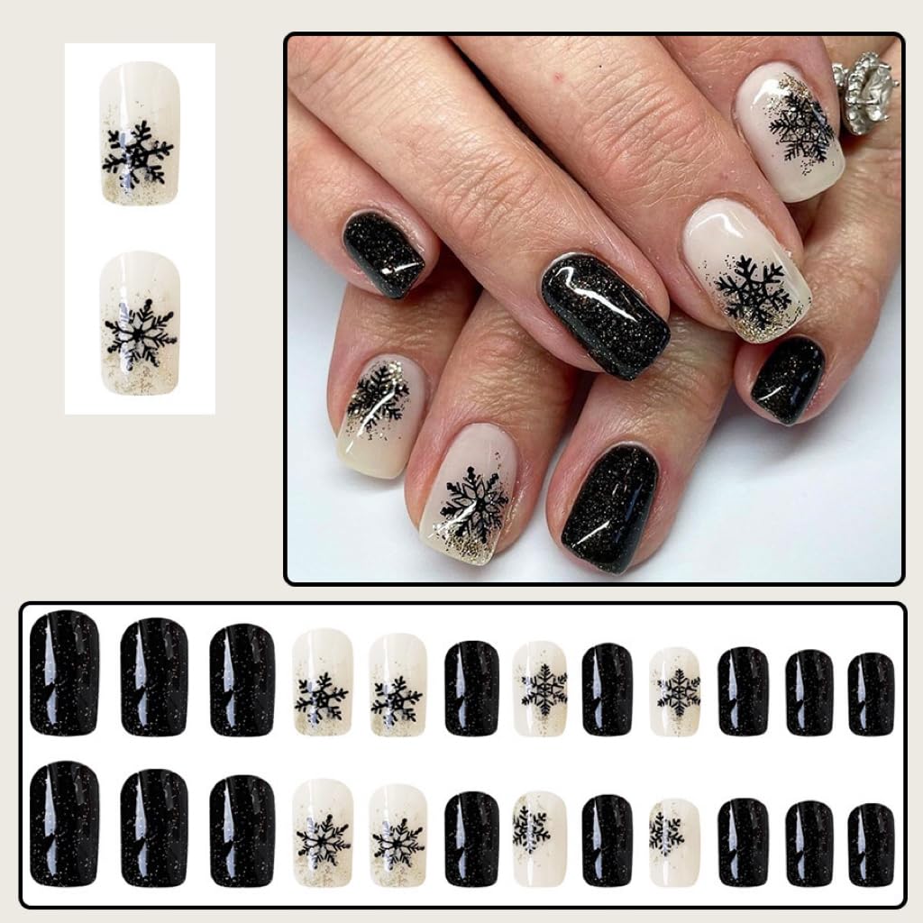 Christmas Press on Nails Short - Square Fake Nails with Black Snowflake Design - Glitter, Winter Full Cover Stick on False Nails - for Women 24 Pcs