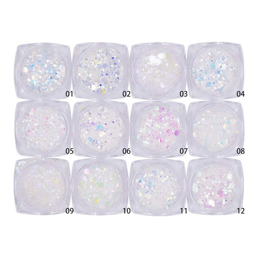 Minejin Nail Glitter Holographic Chunky Flakies Ultra-Thin Iridescent Charming Sequins Powder Tips 12 Jar