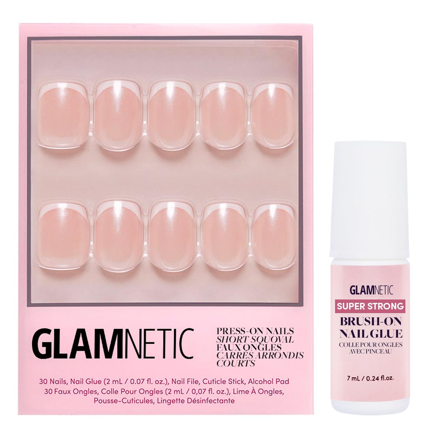 Glamnetic Press On Nails & Brush On Nail Glue Bundle - La Perle | Squoval White Nails with French Tips | 15 Sizes - 30 Nail Kit with Glue | Reusable, Salon-Quality Fake Nails
