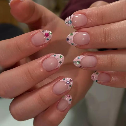 CTTHNBD Short Press on Nails - Almond Fake Nails with Colorful Rhinestone Design - Pink French Tip False Nails Press ons - for Women 24 Pcs