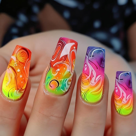 24 Pcs Color Gradient Blending Press On Nails Medium Coffin Square Spring Summer Fake Nails Color Press ons Nail Art Tips Acrylic Nail Kit Glue on Nails Full Cover False Nails with Design for Women