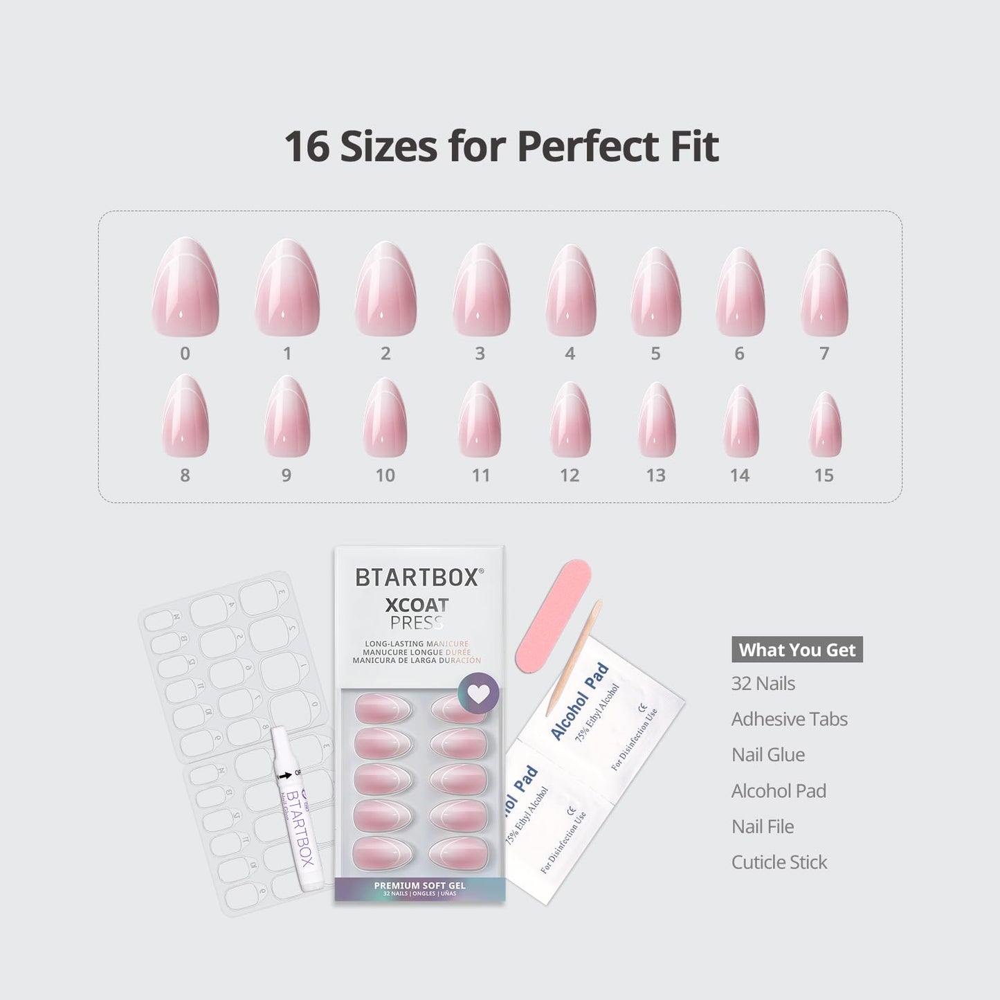 BTArtbox French Tip Press On Nails - Gentle Care, Lamp-Curable 4-Week Wear Pink Ombre Short Almond Press On Nails with Glue and Adhesive Tabs, Easy-to-Apply in 16 Sizes - 32 Nails All-in-One Kit
