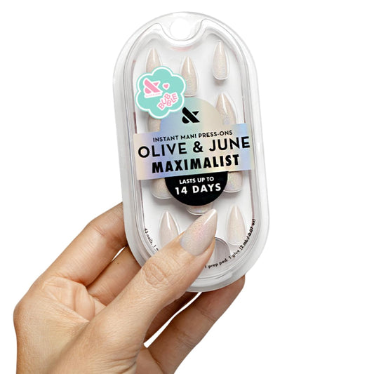 Olive & June Maximalist Instant Mani Press-On Nails (Glue) | 42 Fake Nails, 21 Sizes | Non-Toxic, Long-Lasting Big, Bold Gorgeous Realistic Look | Medium, Stiletto | Neutral Iridescent Velvet