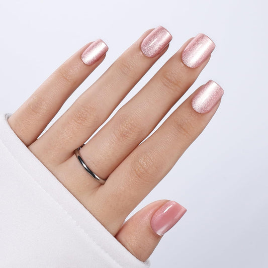 Cat Eye Press On Nails Square - Pink Short Square Fake Nails, Cateye Press On Nails Reusable Stick On Nails in 15 Sizes 30pcs False Nail Kit for Women & Girls (Fairy Pink)