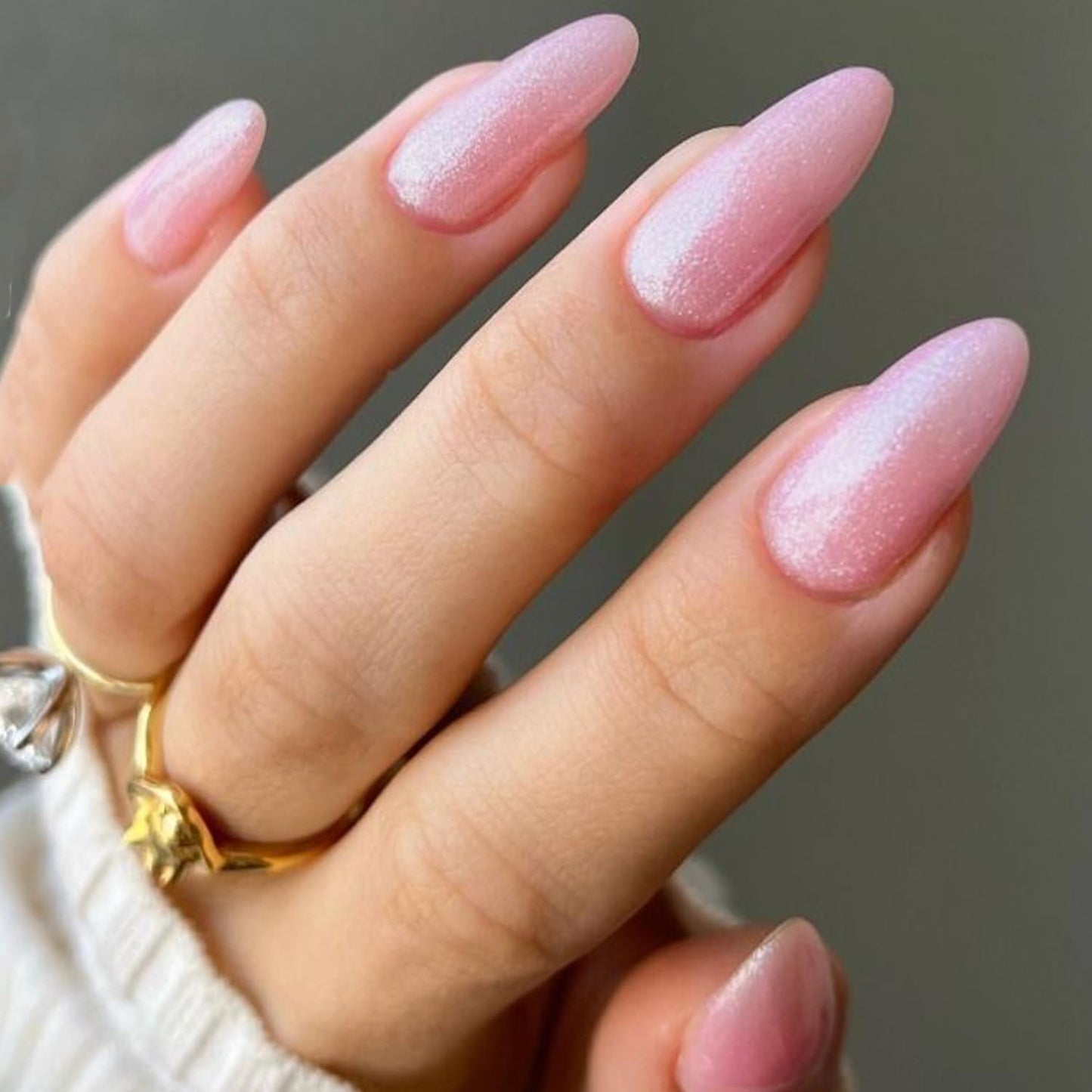 GLAMERMAID Pink Press on Nails Medium Almond, Handmade Glitter Light Pink Neutral Jelly Sofy Gel Glue on Nail Stiletto, Glossy Fake Nails Short Oval，Reusable Acrylic Stick on False Nail Kits for Women