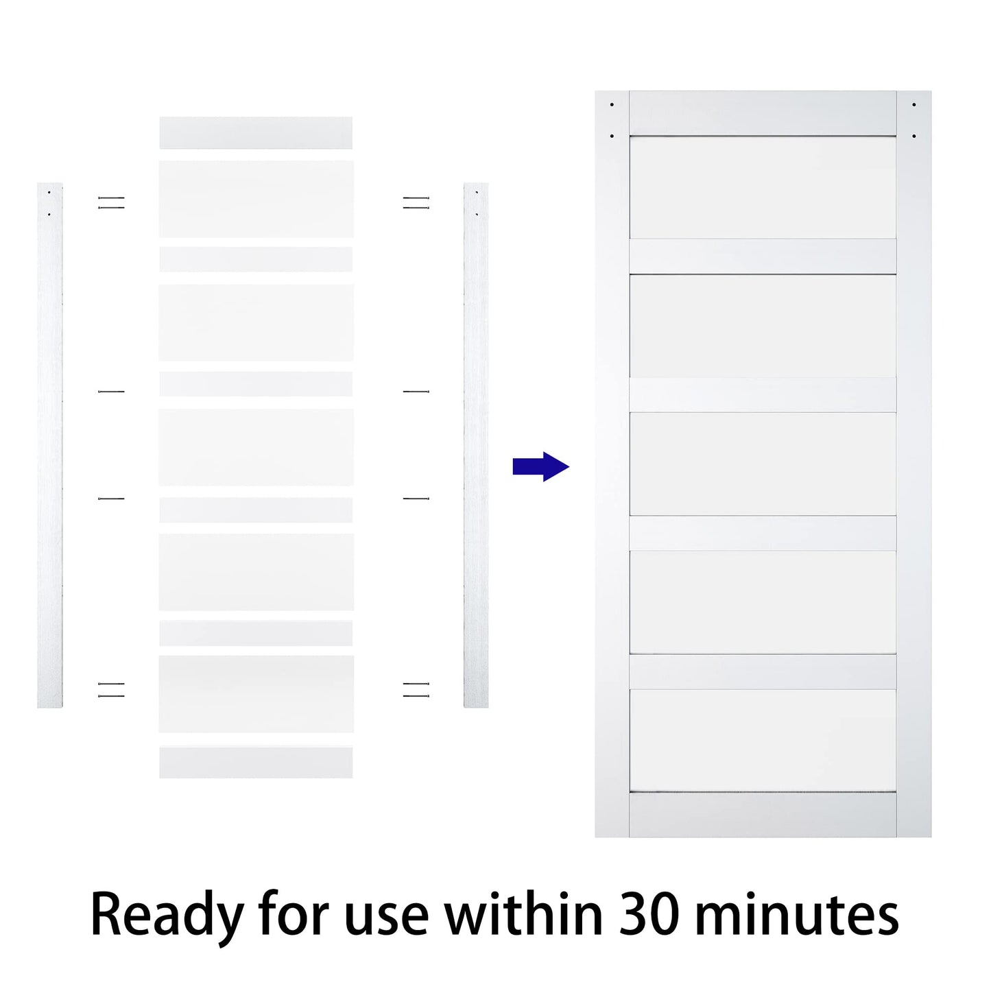 BARNSMITH 32in x 84in Glass Barn Door with 5.5FT Brushed Nickle Sliding Door Hardware Included & Handle,5-Panel Frosted Glass Solid Wood Water-Proof PVC Surface,Pre-Drilled Easy Assembly,White