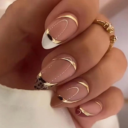 Short Almond Press on Nails Gold Line Fake Nails Glossy Red French Tip Artificial Acrylic Nails Leopard Stick on False Nails Glue on Nails 24 pcs