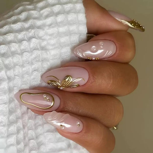 CTTHNBD Press on Almond Nails - Medium Fake Nails with Flower Design - Gold French Tip False Nails Press ons - for Women 24 Pcs