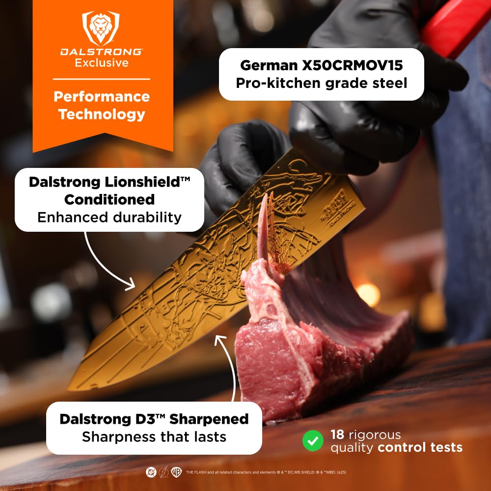 Dalstrong Chef Knife - 8 inch - The FLASH™ Edition - German X50CRMOV15 Stainless Steel - Gold Titanium Nitride - G10 Handle - Full Tang - Premium Leather Sheath - Collection Edition w/Pin