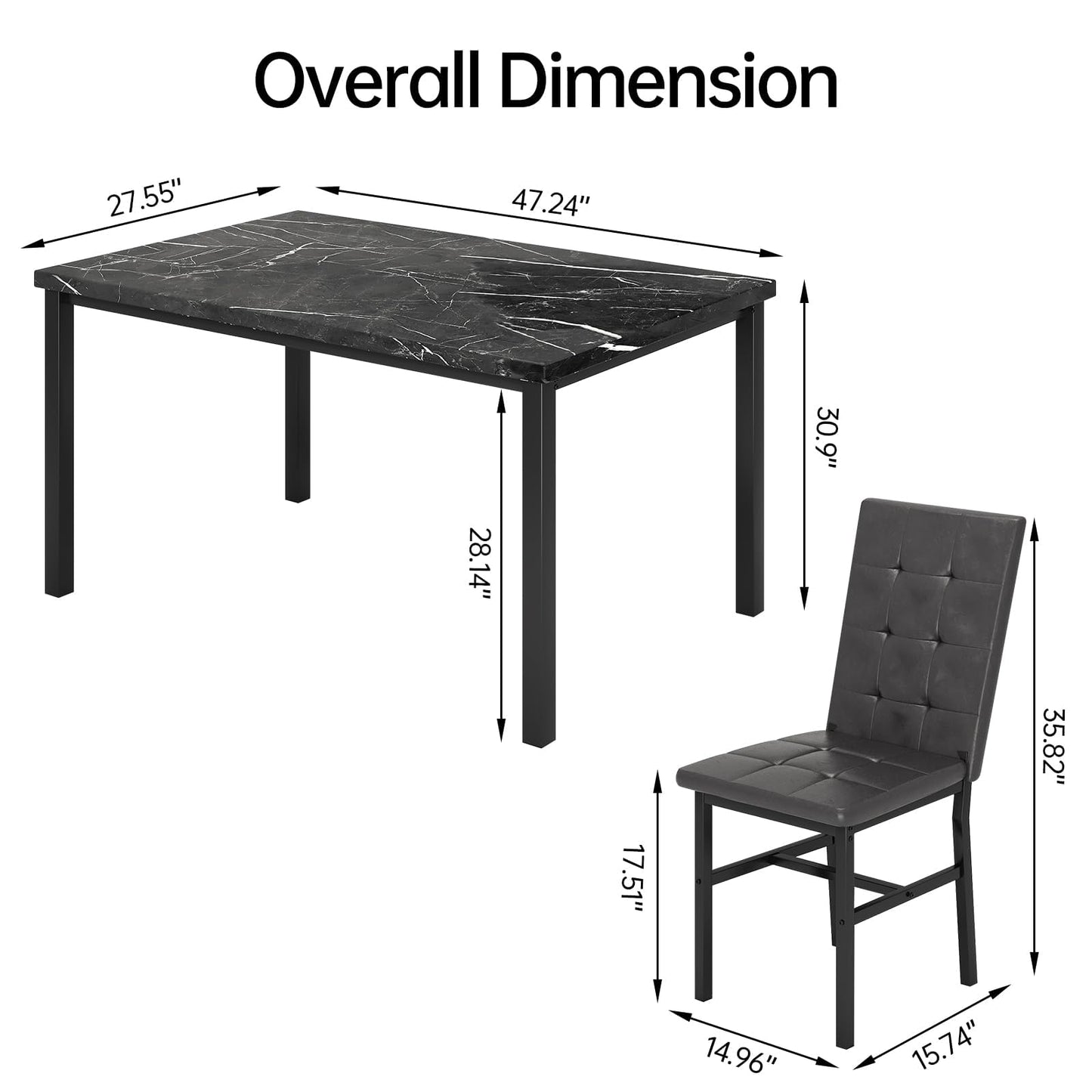 Hooseng Kitchen Table Set 5 Piece Dining Room Table Set Marble Dining Table 4 Chair Dining Table Set for Kitchen Living Room Breakfast Small Spaces (Black)