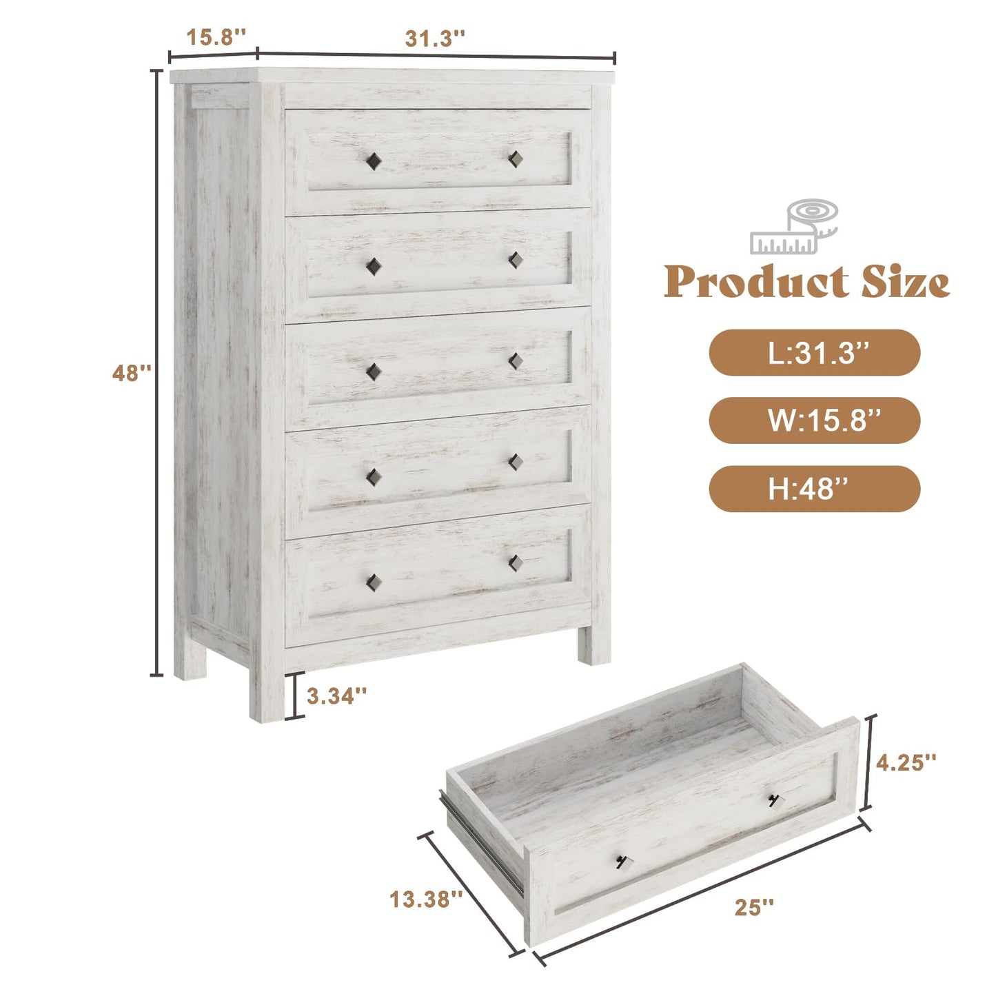 AMERLIFE Farmhouse 5 Drawers Dresser for Bedroom, Wood 47" Tall Dresser for Closet, Natural Texture Chest of Drawers for Bedroom, Living Room, Hallway and Entryway, Distressed White