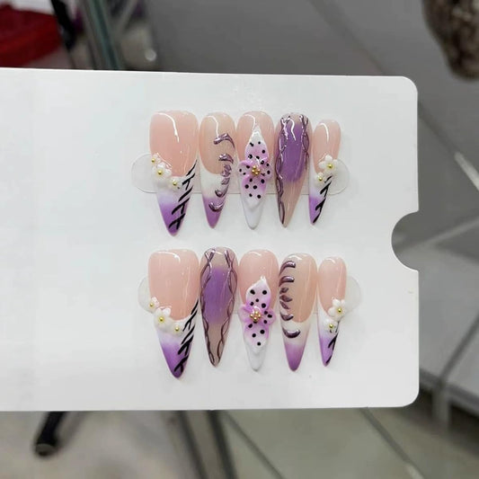 10pcs Handmade Press on Nails Long Stiletto False Nails Purple French Tip Fake Nails with 3D Flower Designs Sparkly Charm luxury Artificial Nails for Women (Size M）