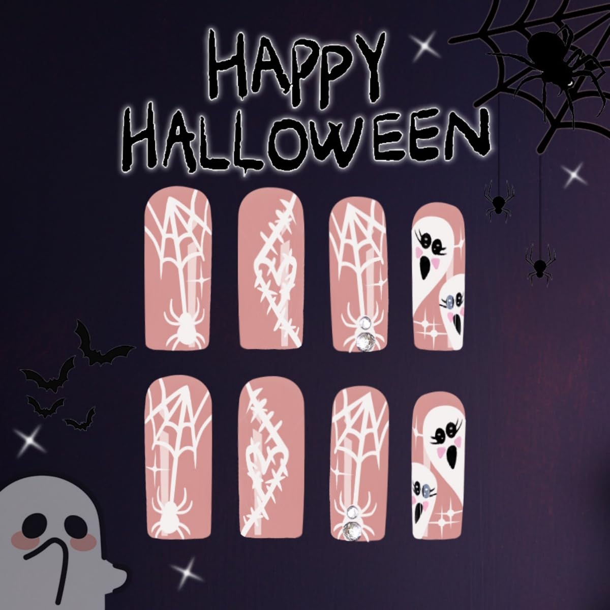 24Pcs Halloween Press on Nails Long Square Fake Nails Spider and Spider Web Ghost Design Stick on Nails Rhinestone False Nails Bling Artificial Full Cover Acrylic Glue on Nail for Women Girl Manicure