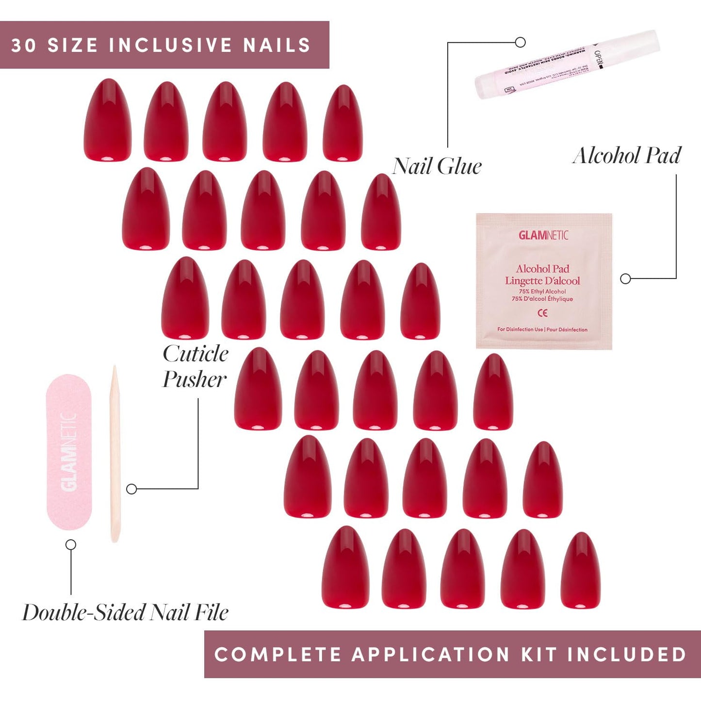 Glamnetic Press-On Nails - Classic Red | Opaque Timeless Red Short Almond Short False Nails | 15 Sizes - 30 Nail Kit with Glue and Remover