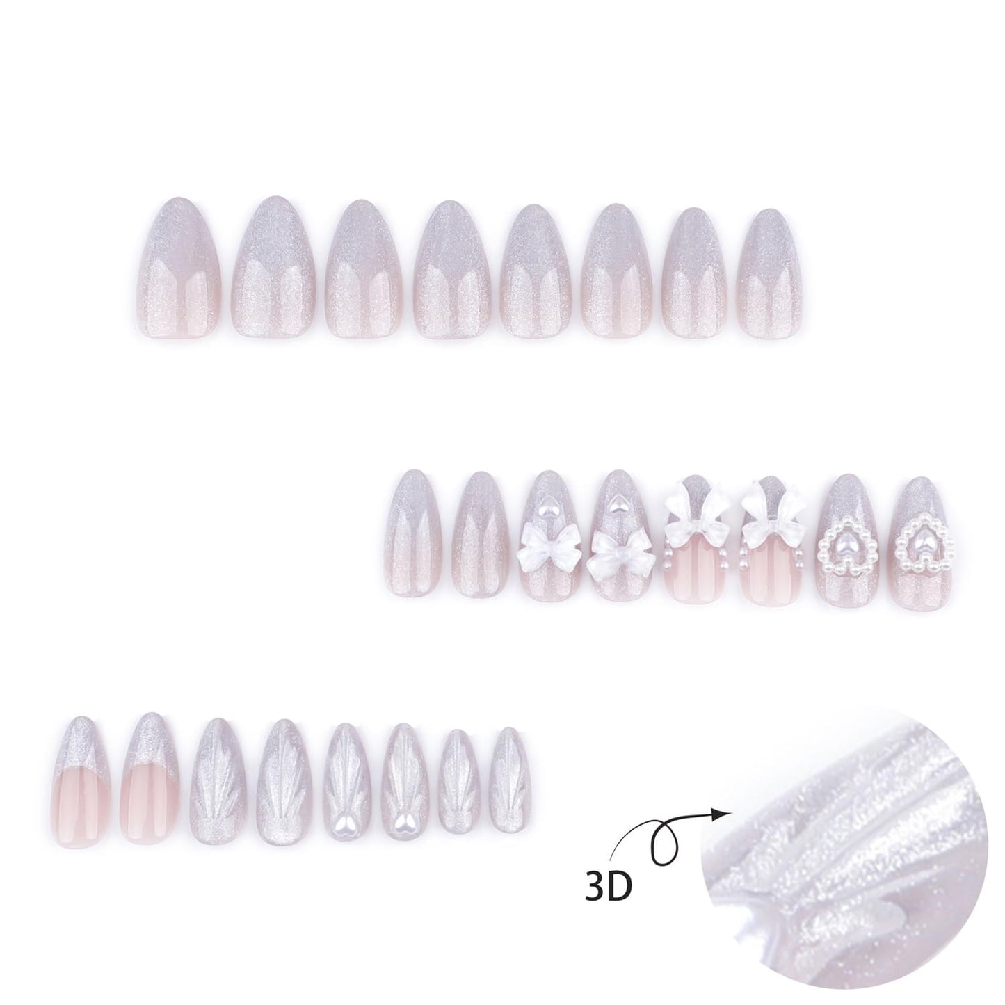 24Pcs Glitter French Tip Press on Nails Medium Almond Fake Nails Glossy Gradient False Nails with 3D Ripple Pearl Heart Design White Bow Stick on Nails Glue on Acrylic Artificial Nail for Women Decor