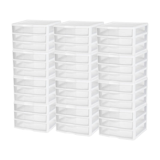 Sterilite 12-Pack Wide 3 Drawer Unit, Plastic Desktop Organizer with Clear Drawers, White Frame - Stackable Multi-Purpose Storage for Office Supplies, Craft Rooms, Classrooms and Home Organization
