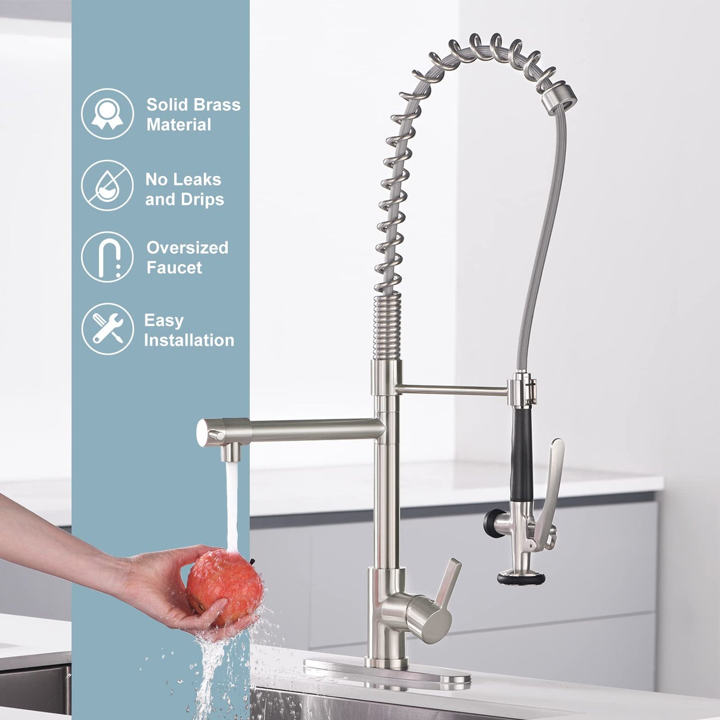 Commercial Kitchen Faucet Deck Mount with Pre-Rinse Sprayer, WOWOW 28" Height Solid Brass Commercial Kitchen Sink Faucet, Brushed Nickel Spring Kitchen Faucet 1 or 3 Hole