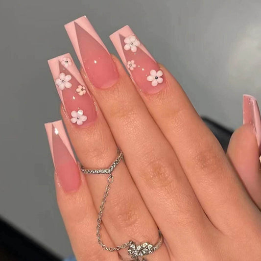 YoYoee French False Nails Long Coffin Press on Nails Daisy Fake Nails Acrylic Full Cover Ballerina Nails Tips for Women and Girls 24Pcs