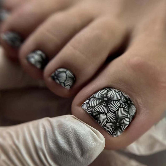 Flower Press On Toenails Short Square Fake Toe Nails Summer False Toenails With Black Floral Design Full Cover Acrylic Toe Nail Artificial ToeNail Glossy Stick On Toenail For Women 24pcs