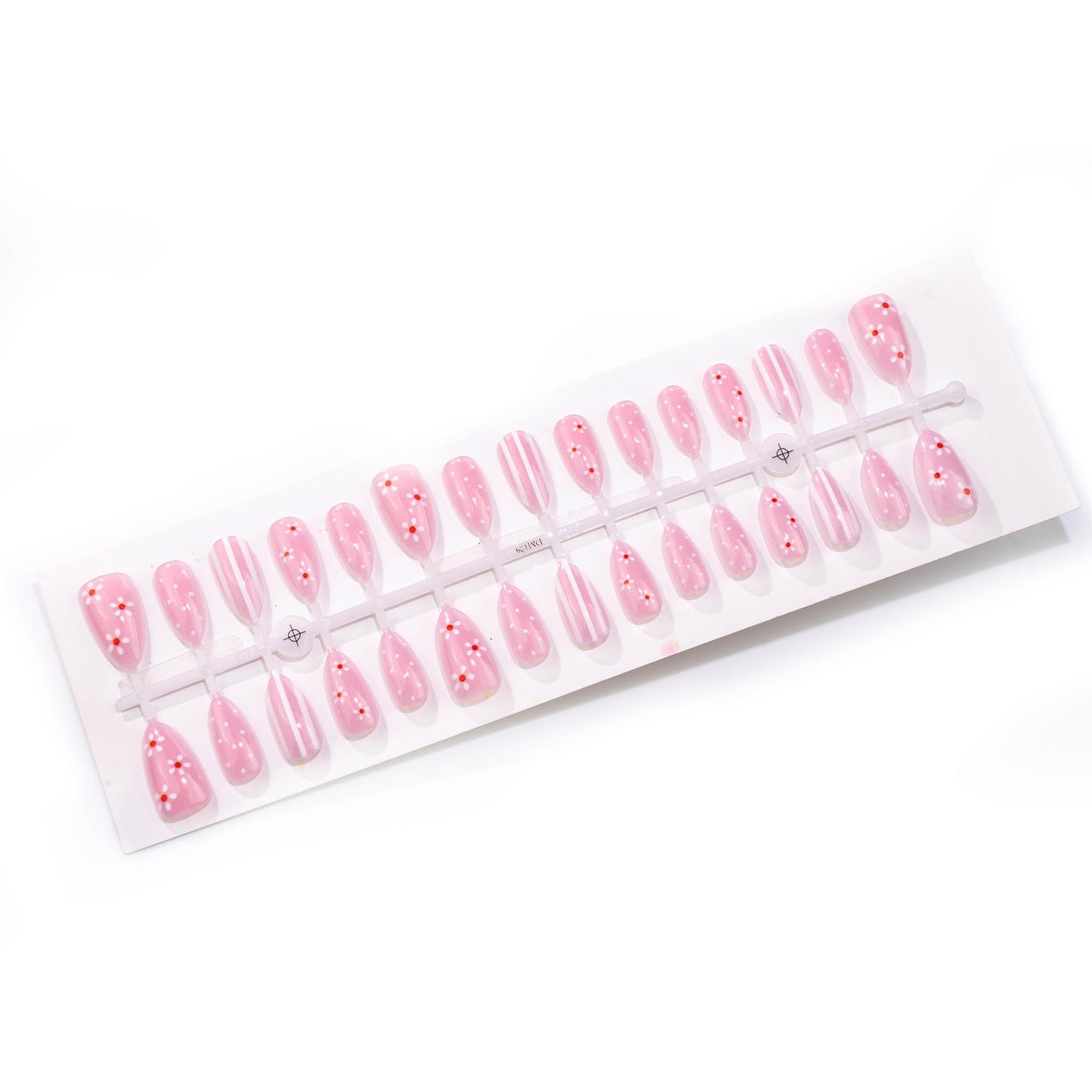 30Pcs Light Pink Press on Nails Short Almond Fake Nails with White Daisy Flowers & Polka Dots,Vertical Stripes Design, Glossy Cute False Nails Full Cover Stick on Nails for Women Manicure Decor