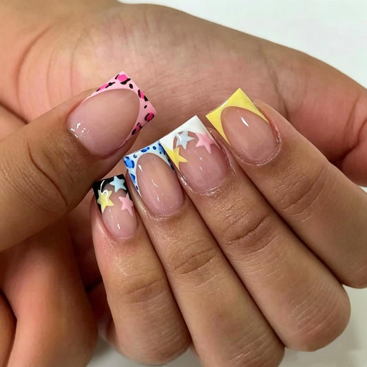 Short Square Press on Nails Colorful French Tip Fake Nails with Star & Leopard Print Design Nude Nails Press ons Reusable Full Cover Glue on Nails for Women, Y2K Cute Summer Manicure Kit 24Pcs