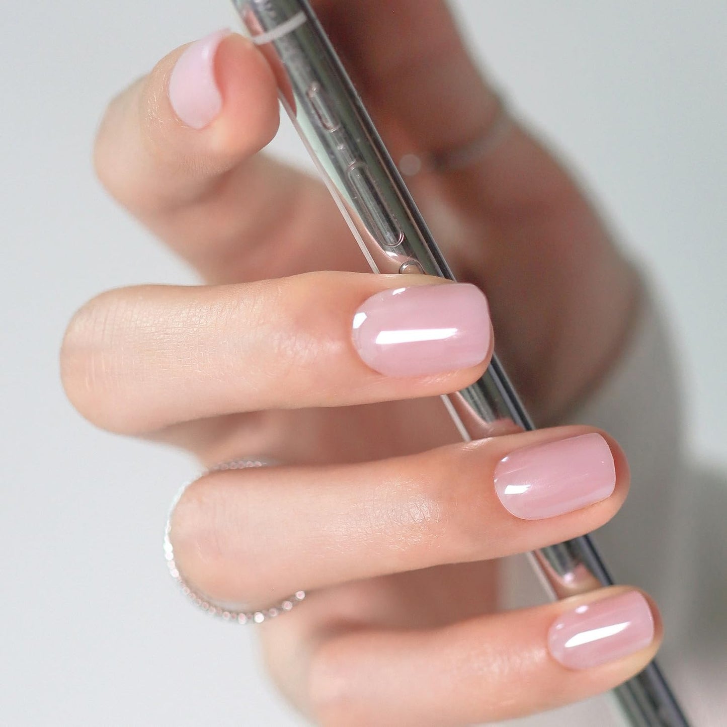 LAMIMOSA 32Pcs Pink Press On Nails Short Square - Soft Gel Fake Nails in 16 Sizes, Chrome Glue on Nails kit, Glazed Stick on Nails, Spring Nails, PINK GLAZE