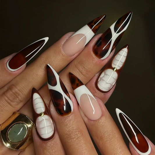 plalely Stiletto Press on Nails Long Brown Fake NailRugby Football Style Acrylic Nail Press ons Stick on Nails for Women 24pcs