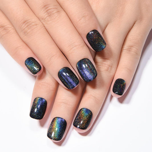 evpct Black Chrome Cat Eye Short Press on Nails Square No Glue, Short Square Fake False Nails Press ons for Women Gift, Black Glitter Glossy Reusable Spring Summer Soft Acrylic Fake Nail with Design