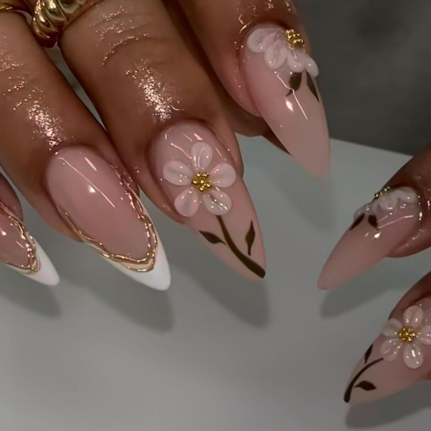 Long Press on Nails Almond Fake Nails Pink Artificial Nail White Flower Gold French Leaf Vine Glossy Stick on Nail Elegant Floral Design for Women 24pcs