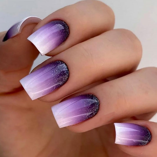 Purple Gradient Press on Nails Square Glitter Powder False Nails Medium Coffin Nails Full Cover Artificial Nails Reusable Acrylic French Stick on Nails DIY Glue on Nails for Women Manicure Kit 24Pcs