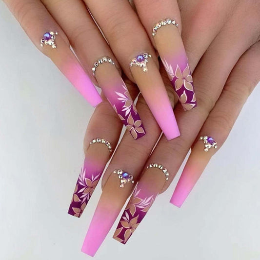 DANMANR Coffin Press on Nails Pink Full Cover Flower Acrylic Gradient Fake Nails Long False Nails for Women and Girls 24PCS