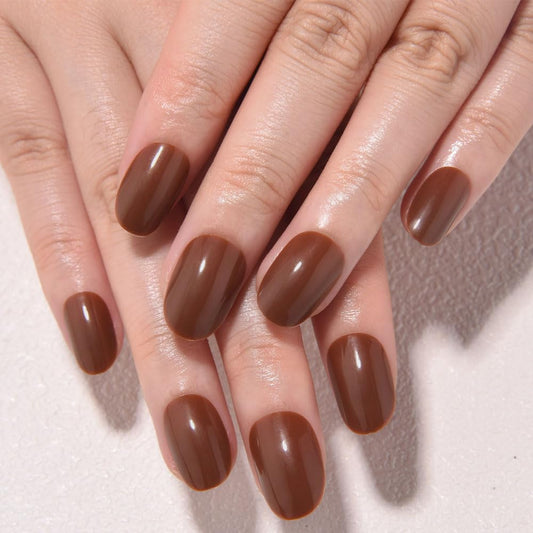 evpct Cool Brown Medium Oval Glossy Press on Nails for Women Gift, Glossy Nude Brown Fake Nail with Kits Manicure Kit, Soft Gel Full Cover Reusable Stick on Soft Acrylic False Nails Perfectly Fit