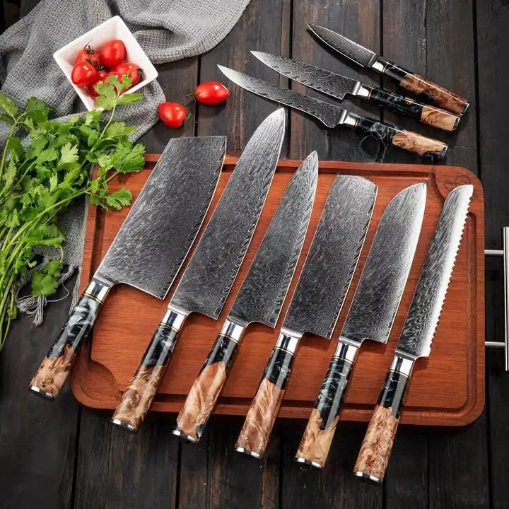 9 PCS Damascus Kitchen Knife Set - 67-Layer High-Carbon Damascus Steel, Pro Chef/Slicing/Utility/Paring Knives & Sharp Cleaver, Ergonomic Rosewood Handles, Ideal for Home/Pro Cooks (Black 9J)