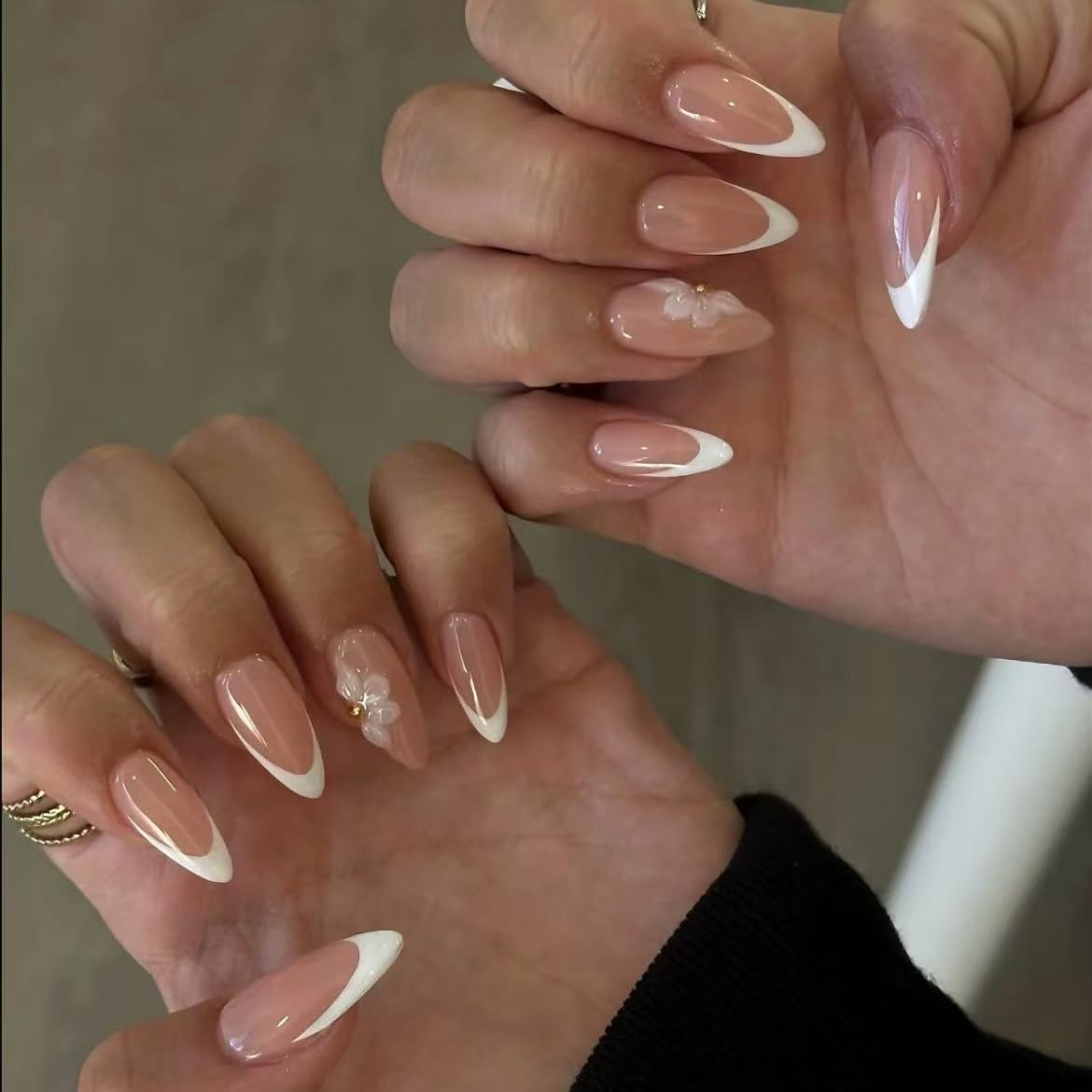 Handmade French Tip Press on Nail Almond Fake ons with Designs Chrome False Nails Long Glossy Full Cover Glue on Nails Stick Women Nails Manicure Decoration 10Pcs (MT-167-L)