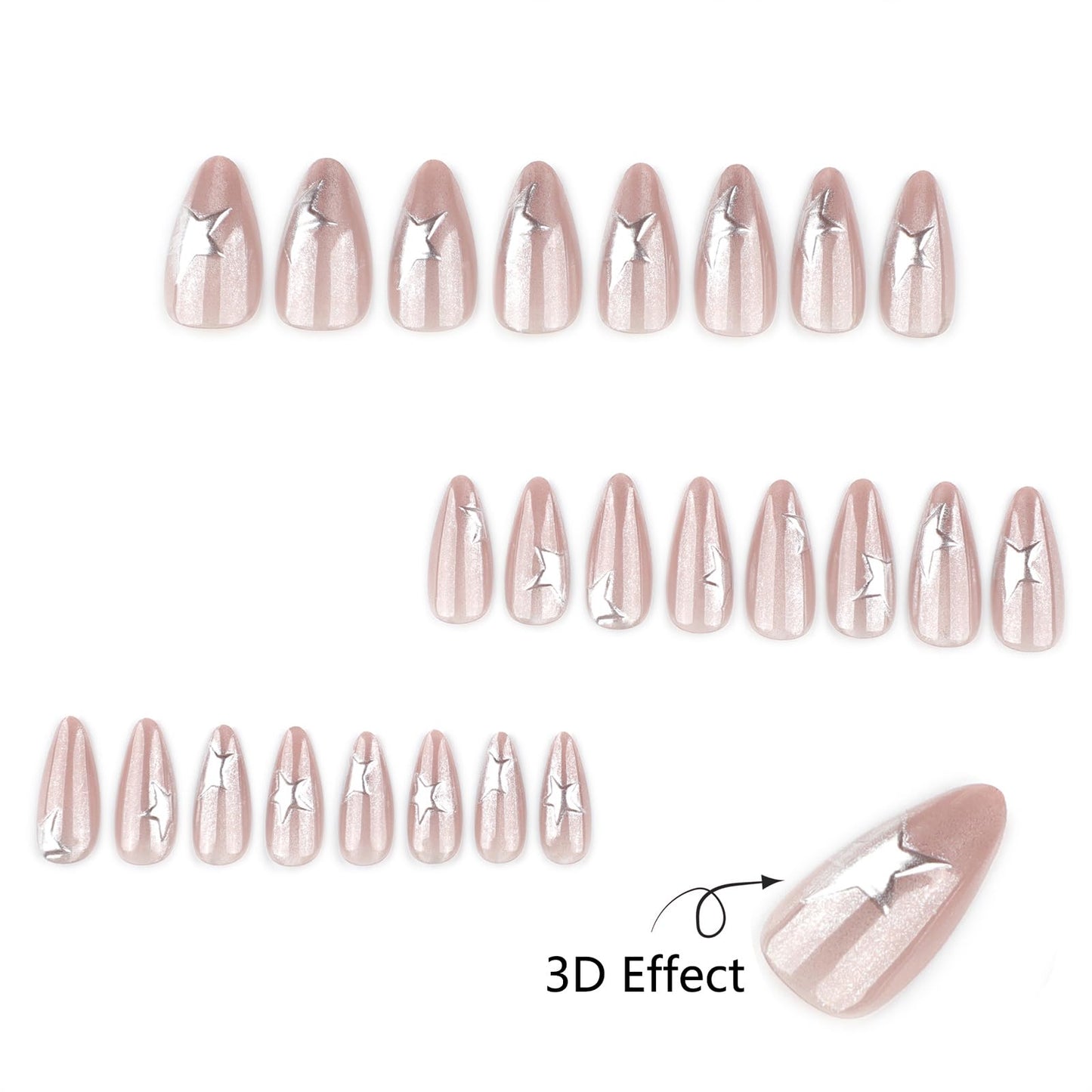 Mivota Medium Press on Nails Almond Cat Eye Nude Fake Nails Glossy Glue On Nails with 3D Silver Star Nail Art Designs, Decorative Thick Reusable Glossy Full Cover Stick on Nails for Women 24Pcs