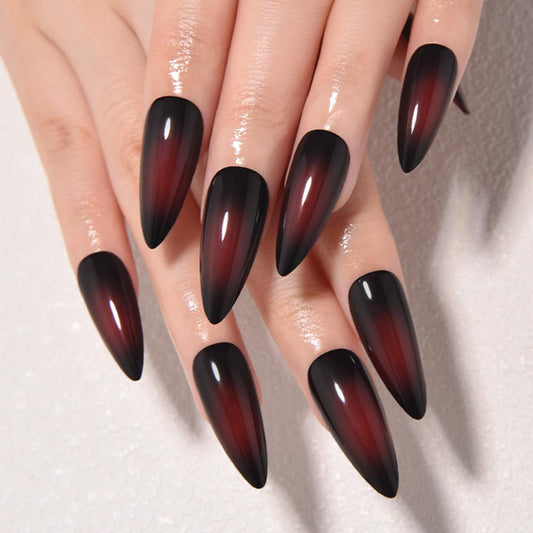 evpct Ombre Dark Red Press on Nails Medium Almond, Medium Almond Glossy Stick on Nail for Women Gift with Manicure Kit, Reusable Full Cover Soft Stick on Fake Nail with Ombre Design Perfectly Fit
