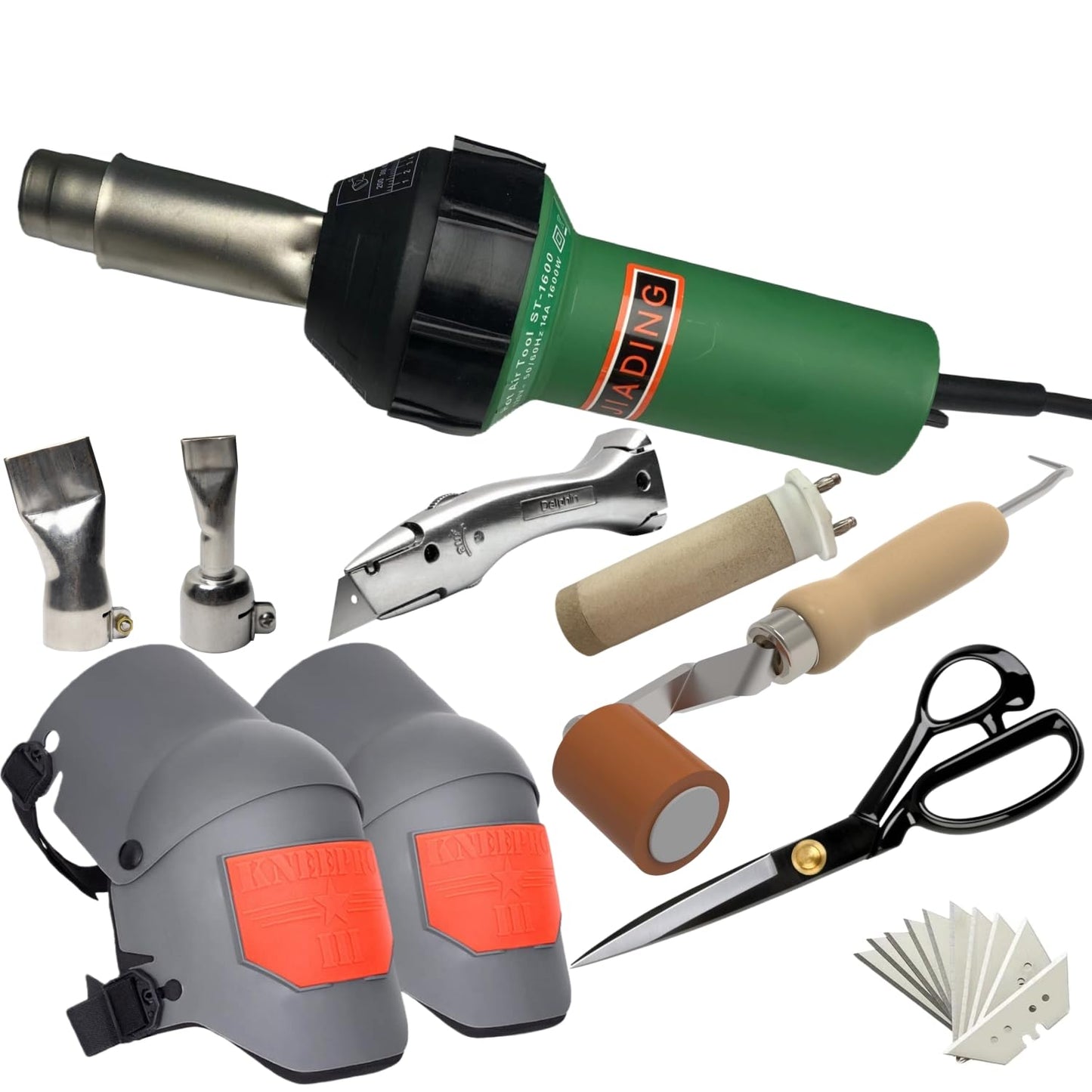 Professional TPO PVC Roofing Hot Air Welding Kit with 1600W Heating Gun, Nozzles, Rollers, Scissors, Professional knee pads, Complete Installation Tools Set (A)