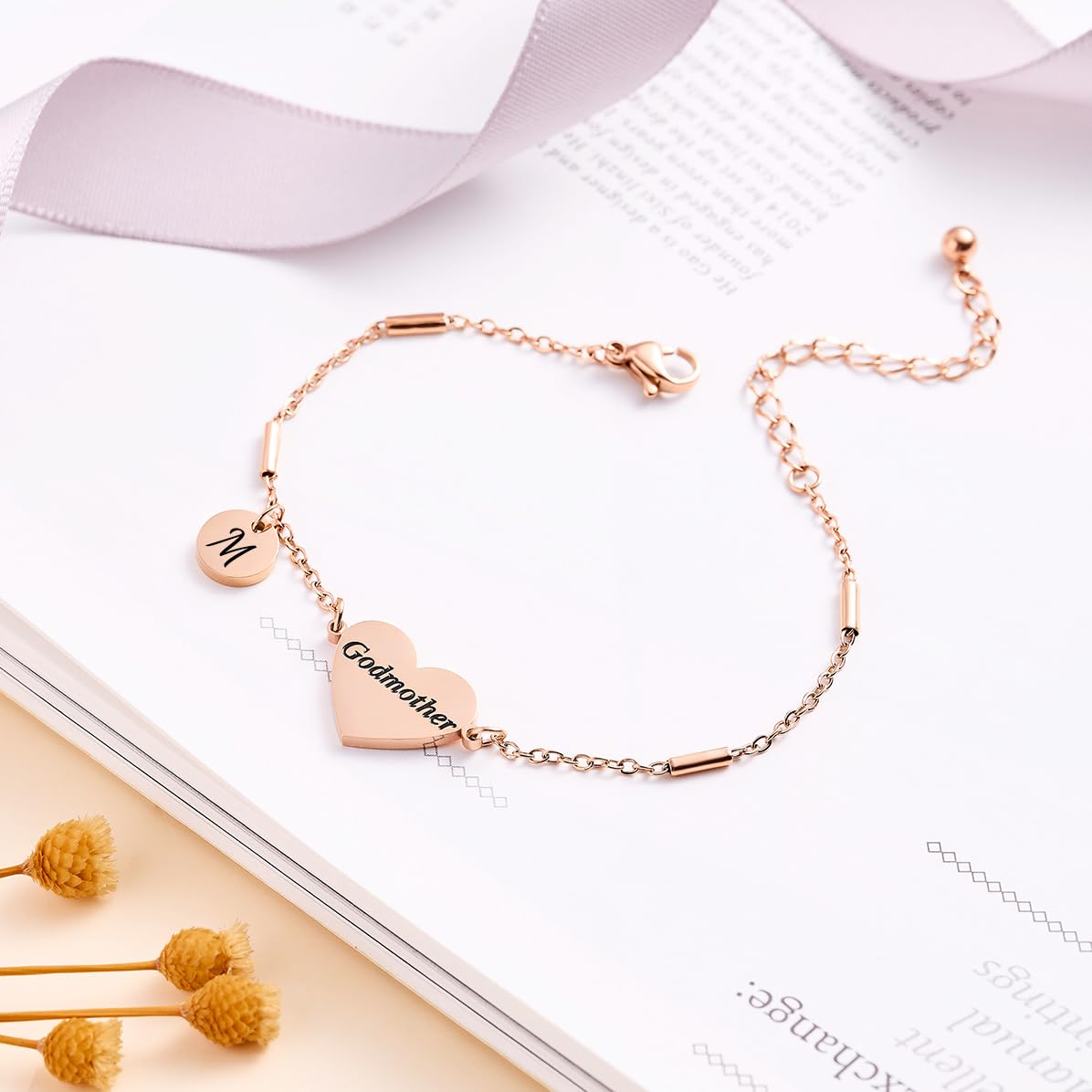 CHENVA Godmother Gifts Initial Bracelet Bangle for Women Gift for Godmother from Goddaughter (Godmother Bracelet-M-Rose Gold)