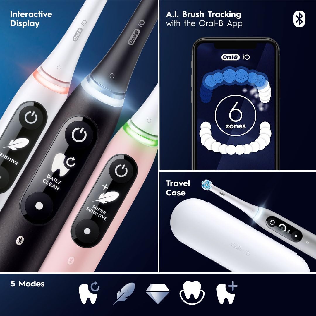 Oral-B Rechargeable Electric Toothbrush, iO6 Connected Coach, 5 Cleaning Modes, Visual Pressure Sensor to Protect Gums, Interactive Display, Travel Case, Black Lava