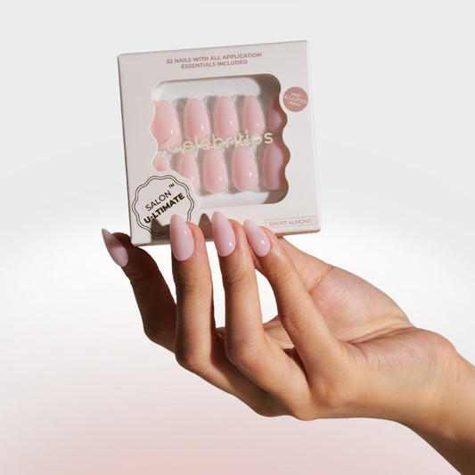 Celebritips Press On Nails - Salon U-ltimate™ | Bare Milk, Short Almond Nails, Reusable | 16 sizes - 32 Nails Kit with Glue and Sticky Tabs