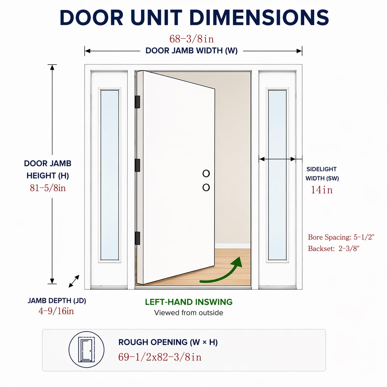 Exterior Fiberglass Front Door 68x80in, Left-Hand Inswing Black Entry Door with 14'' sidelites, Textured Finished with Hammered Glass Knock-Down Entry Door, Vinyl Frame and Brickmould Included