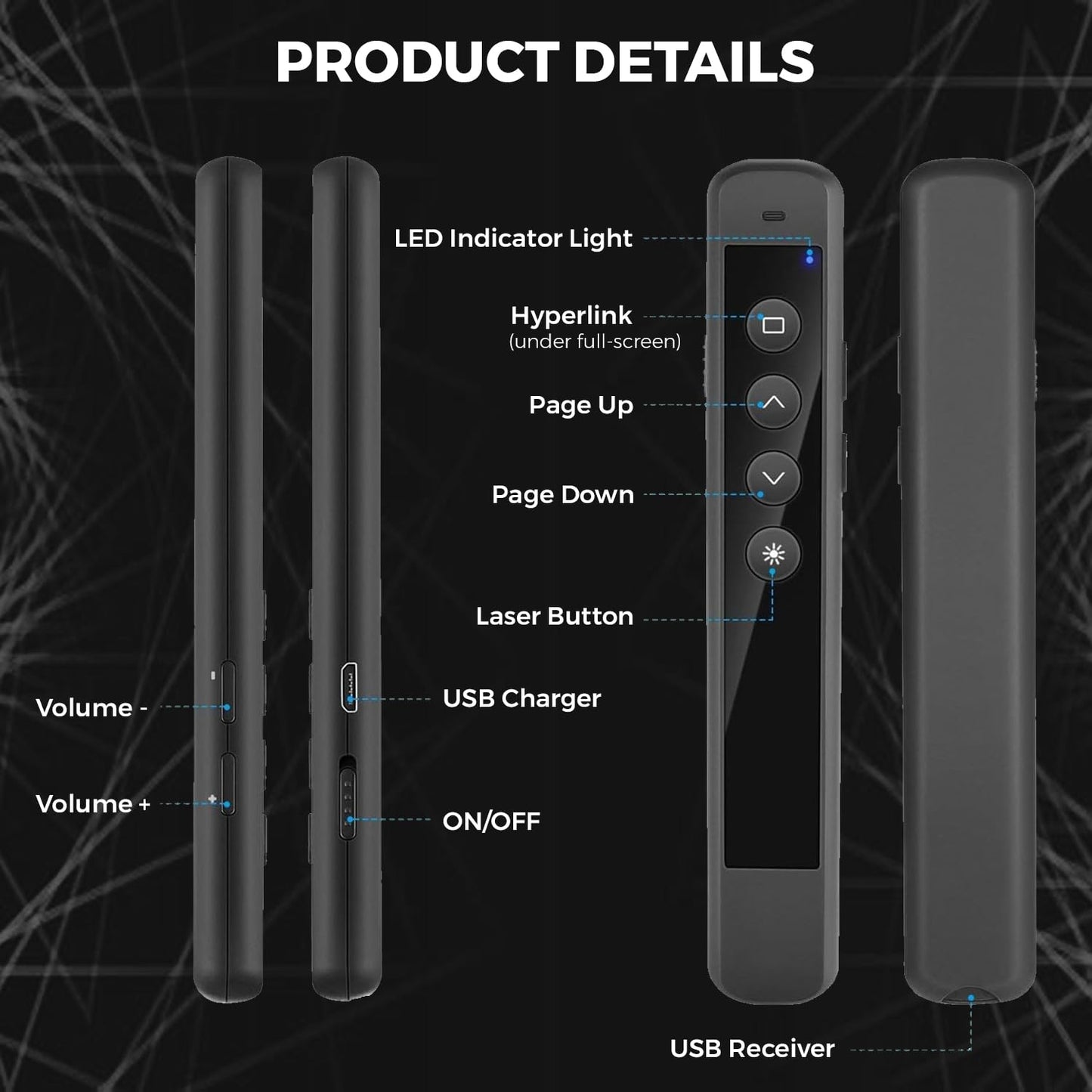 AMERTEER Wireless Presenter Remote – Presentation Clicker with 2.4GHz RF Hyperlink & Volume Control, Built-in Rechargeable Battery, Compatible with Keynote, PowerPoint, Mac, PC, and Laptops