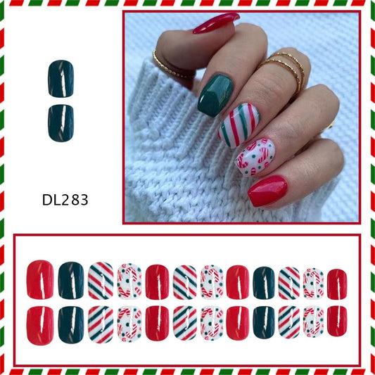 Christmas Short Press on Nails Crutch Square Fake Nails with Red Green Stripe Designs Xmas Winter Full Cover Stick on Nails Artificial Reusable Christmas Nails Glue on for Women Holiday Manicure Kit