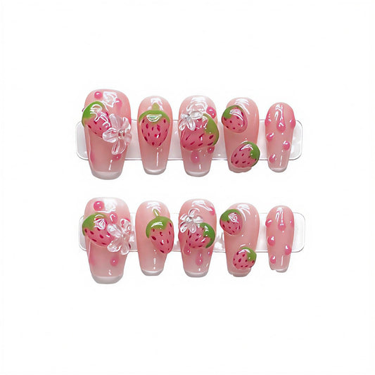 10Pcs Pink Coffin Press on Nails Handmade Fake Nails Reusable False Nails with 3D Strawberry Flower Design Acrylic Nails Press ons Cute Strawberry Nail Spring Summer Stick on Nails for Women (S)